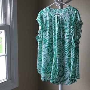 Talbots Green/White Fern Print Ruffle Sleeve Top Size 22w